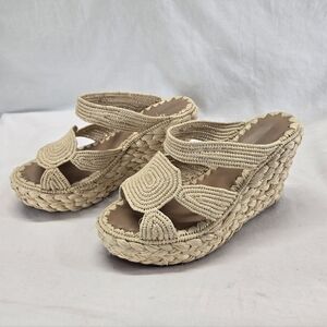 Carrie Forbes Women's Size 39 Beige Straw Wedge Espadrille Mules Heels
